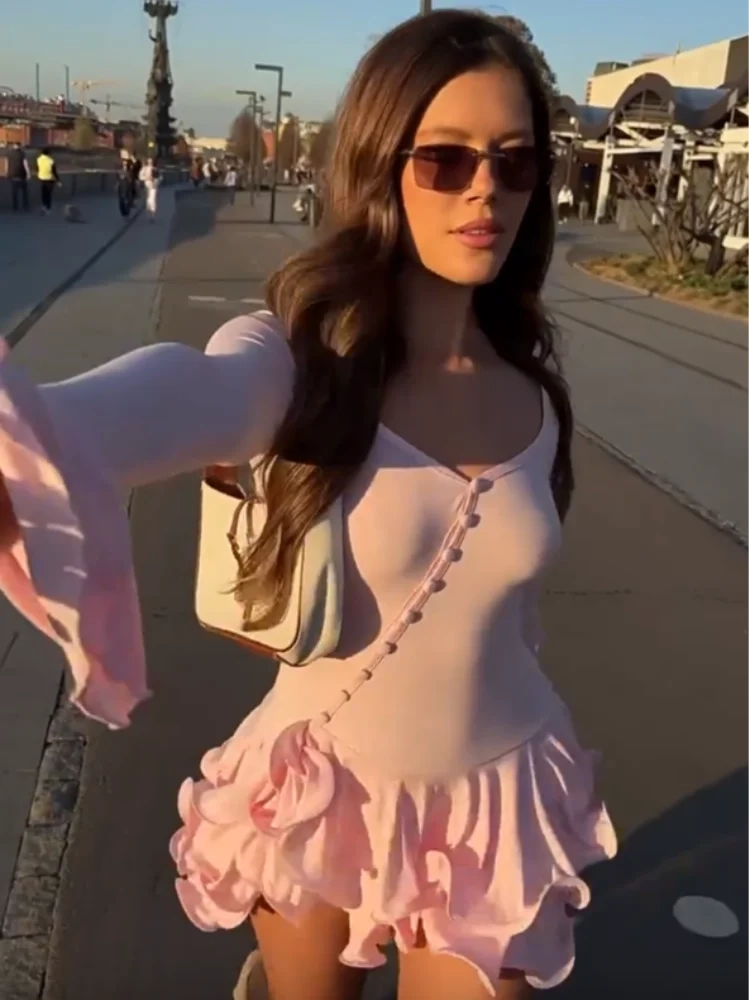 Elegant Solid Ruffles Hem Flare Sleeve Mini Dress - Image 3