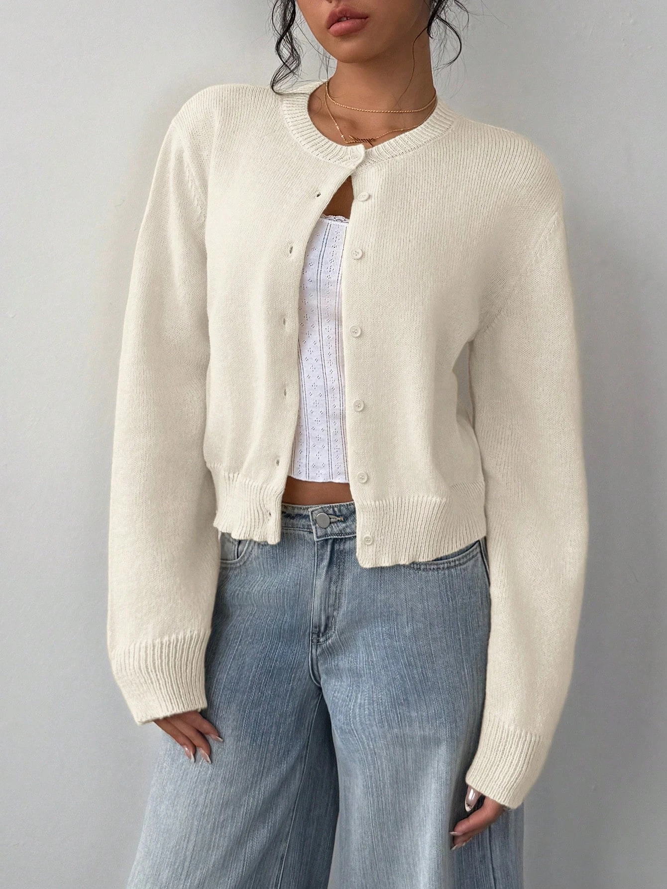Solid Color Round Neck Long Sleeve Loose Cropped Top Single-breasted Sweater Cardigan - Image 7