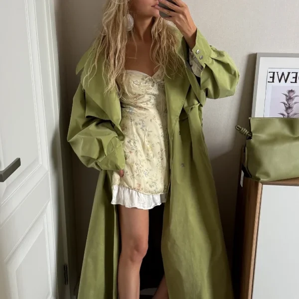 Women Green Lace-up Trench Coat