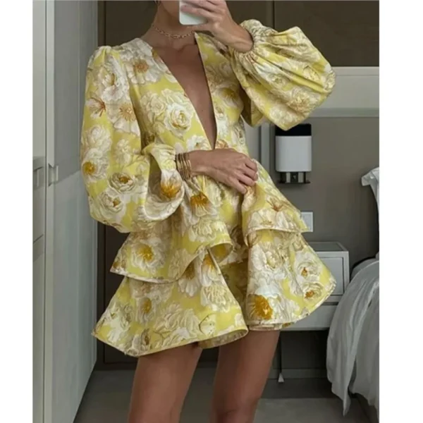 Elegant And Sexy Deep V Neck Bubble Long-sleeved Women's Dresses