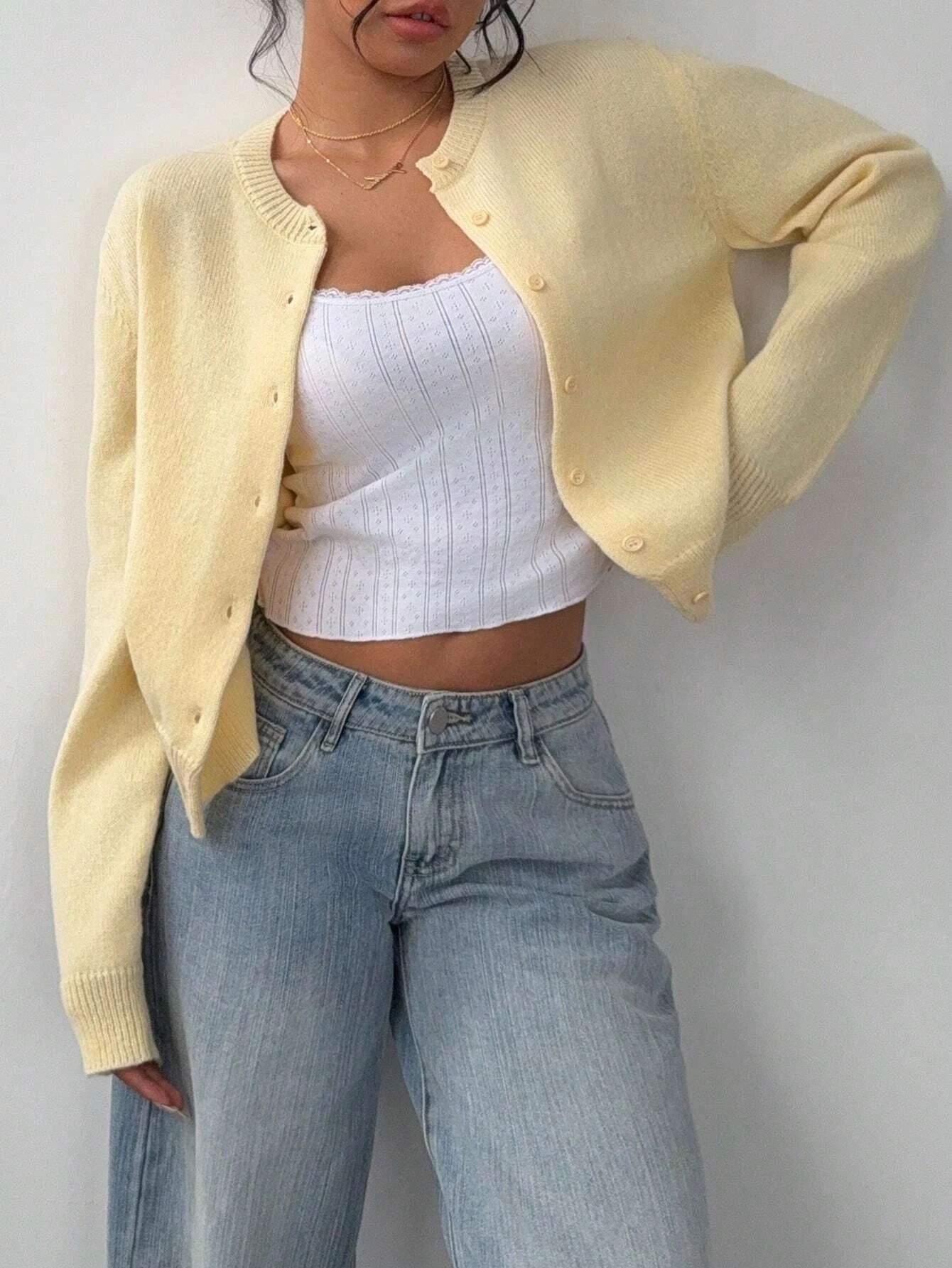 Solid Color Round Neck Long Sleeve Loose Cropped Top Single-breasted Sweater Cardigan - Image 5