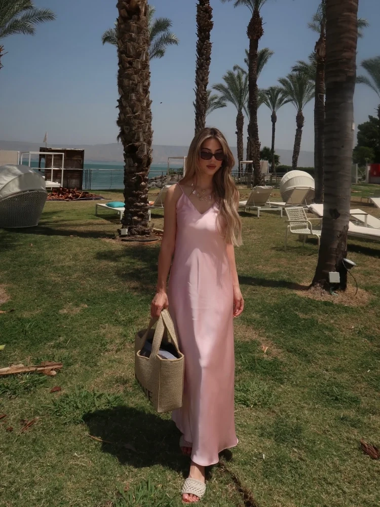 Women Off Shoulder Pink Satin Maxi Dresses - Image 4