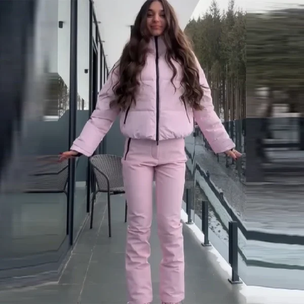 Thicken Warm Women's Skiwear Pink High Collar Hooded Cotton Padded Coats