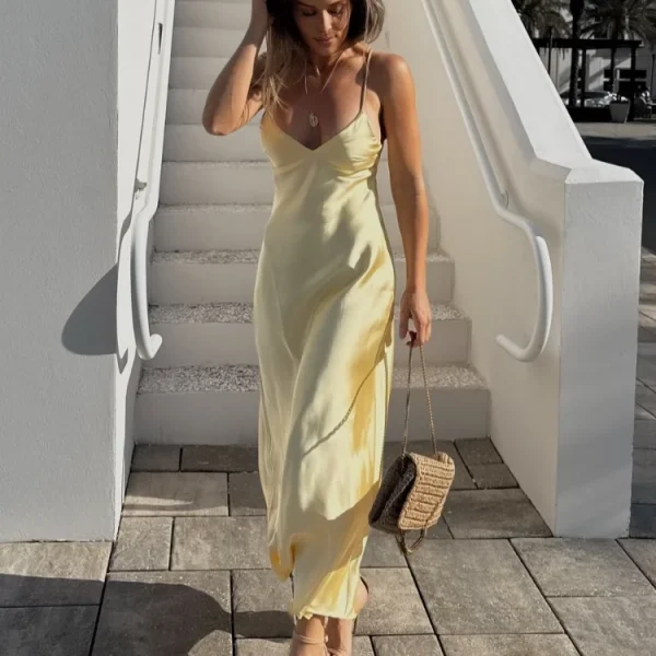 Yellow Elegant Satin Sling Maxi Dresses
