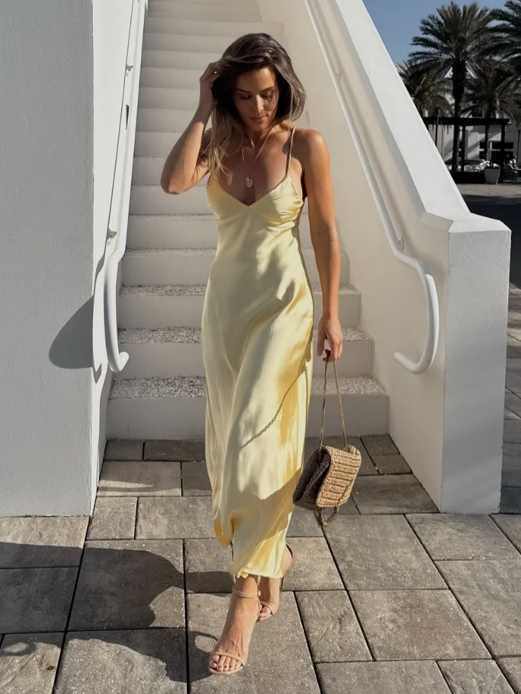 Yellow Elegant Satin Sling Maxi Dresses