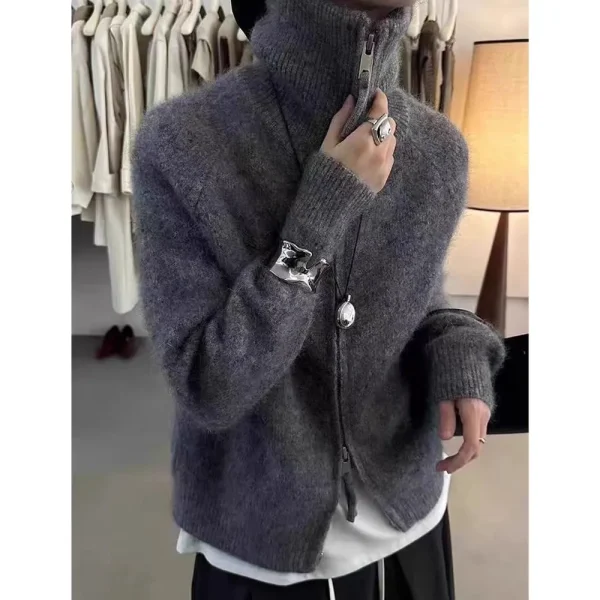 double zipper 100%wool cardigan women high neck loose cashmere sweater thickened coat