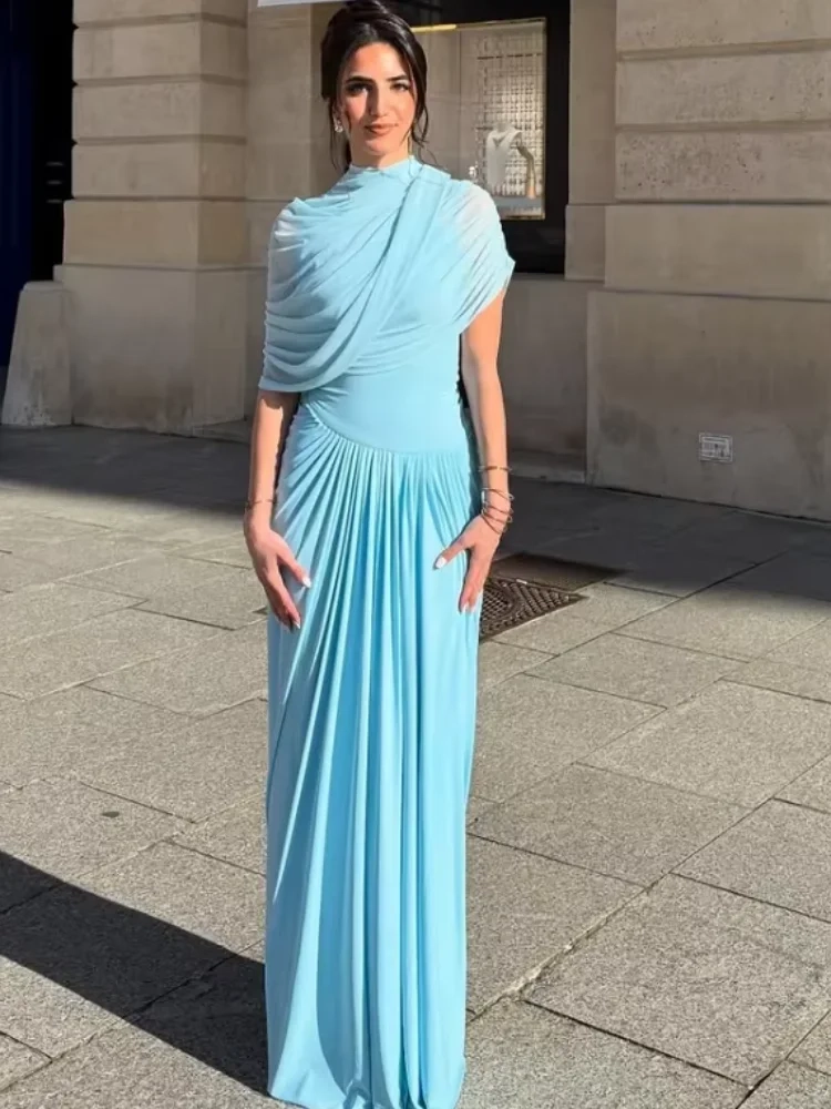 Women Blue Pleated Mesh Long Dress - Image 5