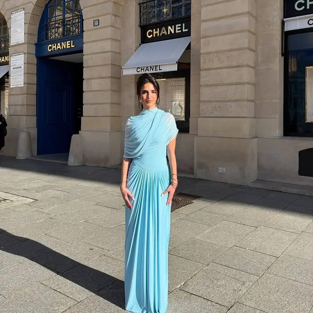 Women Blue Pleated Mesh Long Dress - Image 7