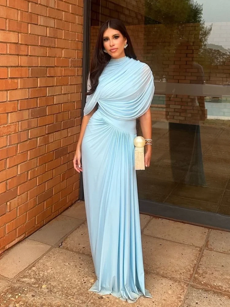 Women Blue Pleated Mesh Long Dress - Image 4