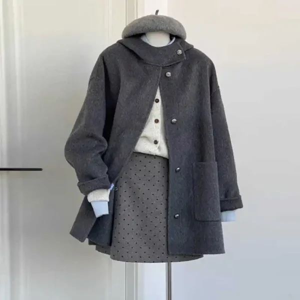 Grey Hooded Double-Sided Wool Woolen Coat