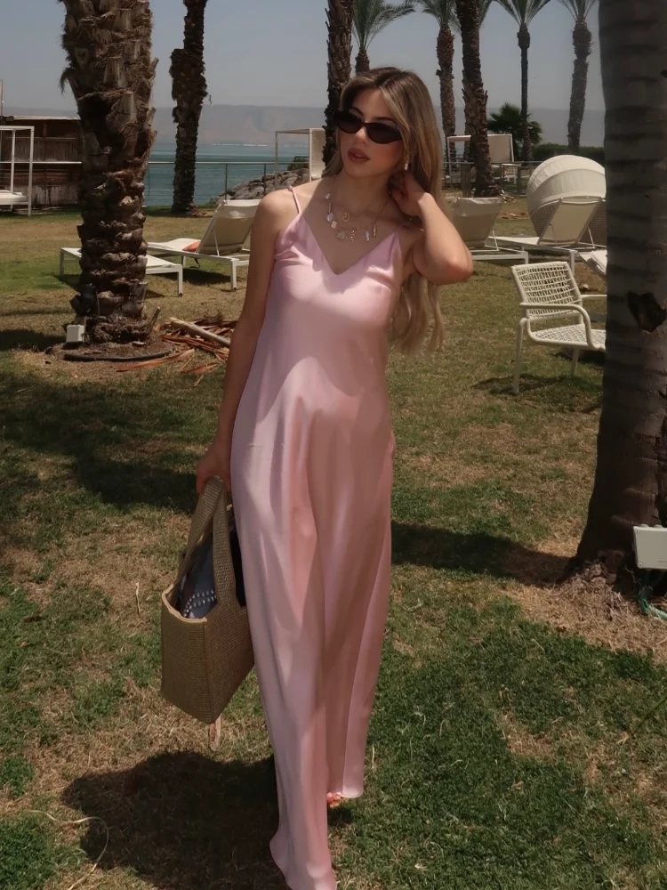 Women Off Shoulder Pink Satin Maxi Dresses - Image 2