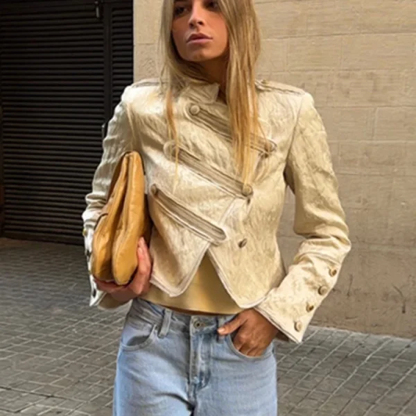 Chic Golden Toggle Button Cropped Jacket