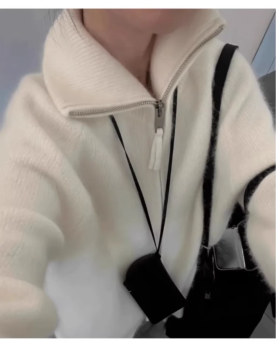 double zipper 100%wool cardigan women high neck loose cashmere sweater thickened coat - Image 10