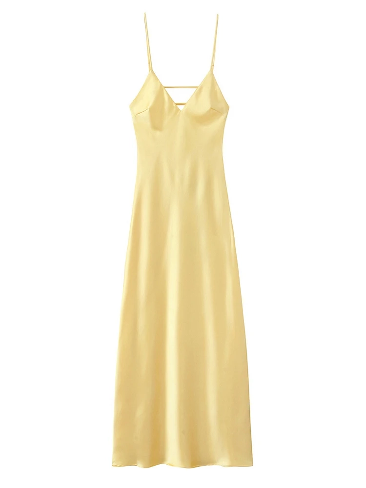 Yellow Elegant Satin Sling Maxi Dresses - Image 6
