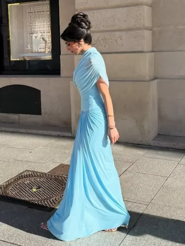 Women Blue Pleated Mesh Long Dress - Image 6