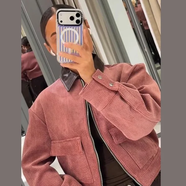 Fashion Pink Corduroy Cropped Jacket