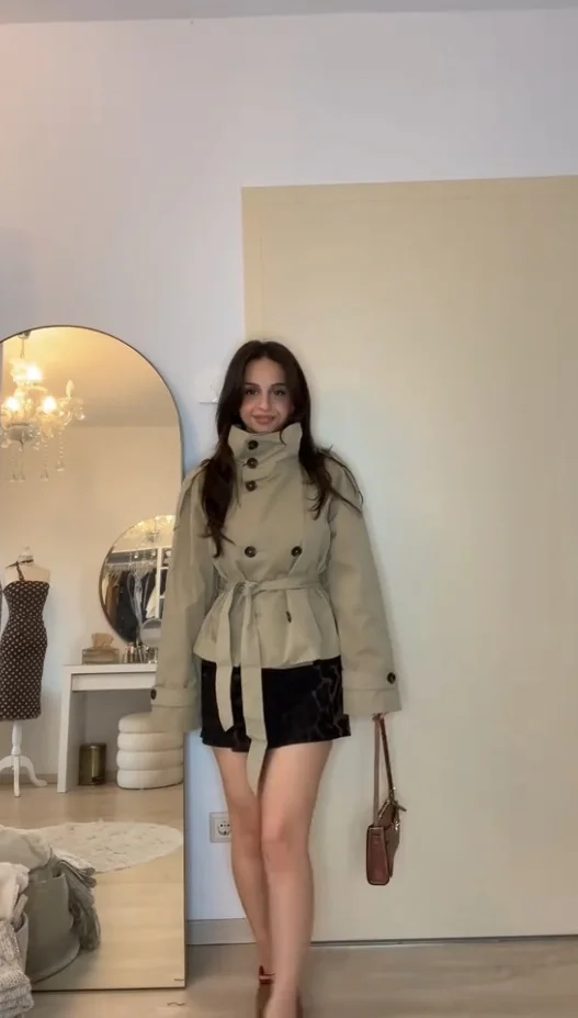 Belted Waist Cropped Trench Jackets Women Double Breasted Stand Collar Coats - Image 3