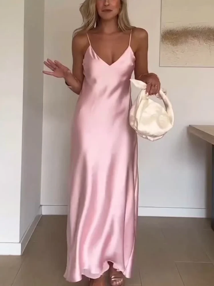 Women Off Shoulder Pink Satin Maxi Dresses