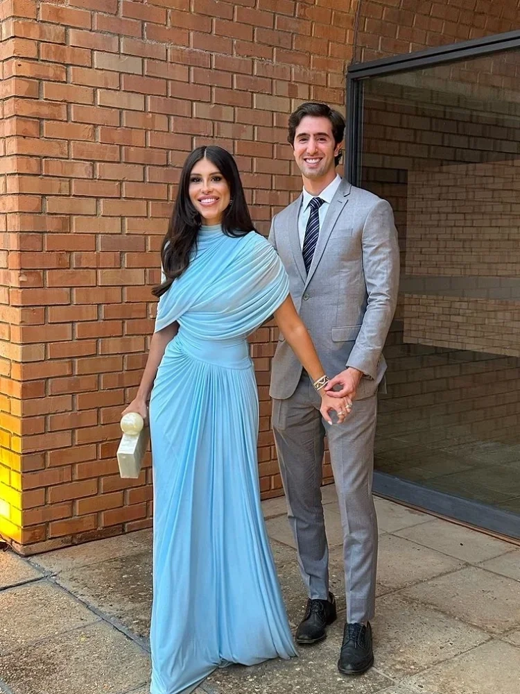 Women Blue Pleated Mesh Long Dress