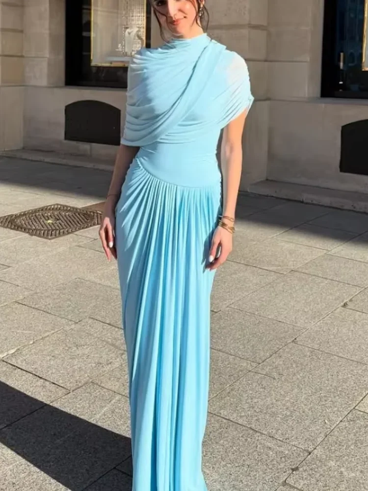 Women Blue Pleated Mesh Long Dress - Image 2