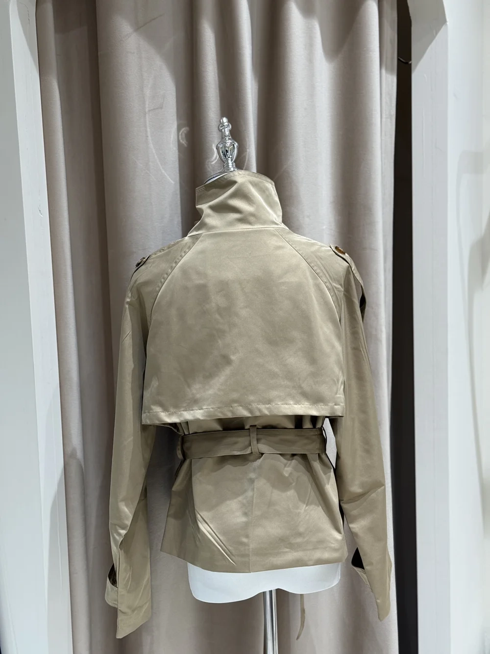 Belted Waist Cropped Trench Jackets Women Double Breasted Stand Collar Coats - Image 6