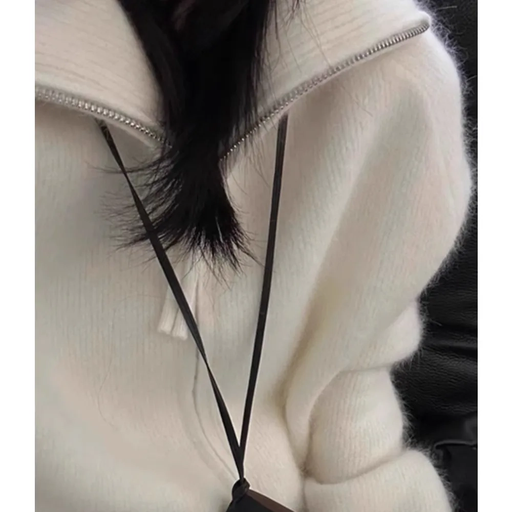 double zipper 100%wool cardigan women high neck loose cashmere sweater thickened coat - Image 5