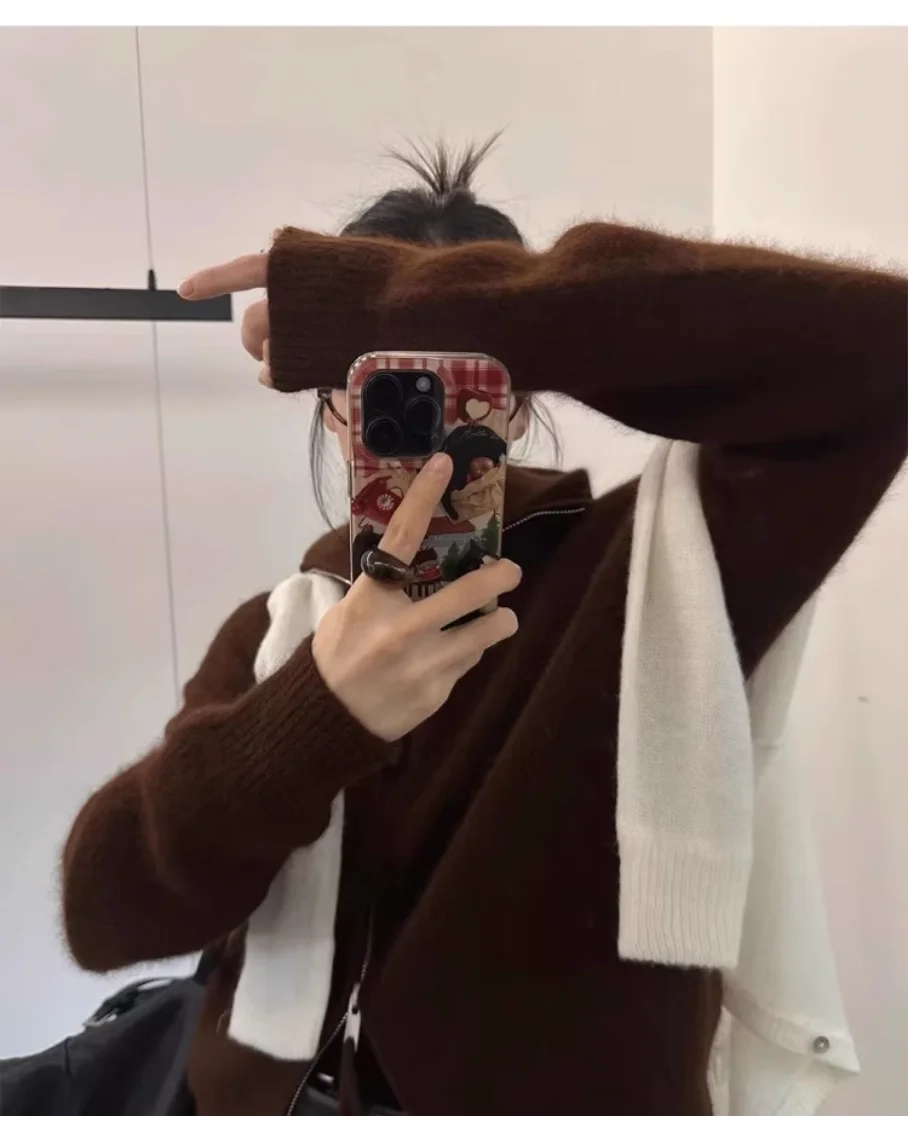 double zipper 100%wool cardigan women high neck loose cashmere sweater thickened coat - Image 9