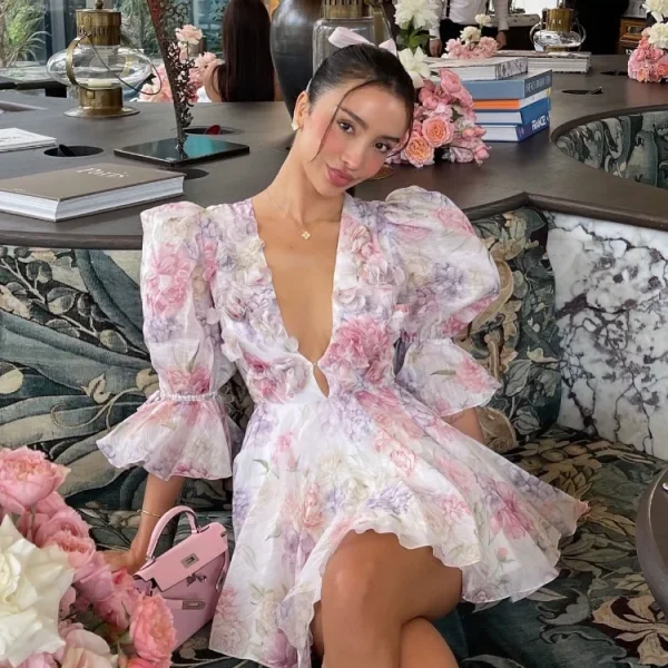 Trendy Floral Print Flare Sleeve V Neck Mini Dress