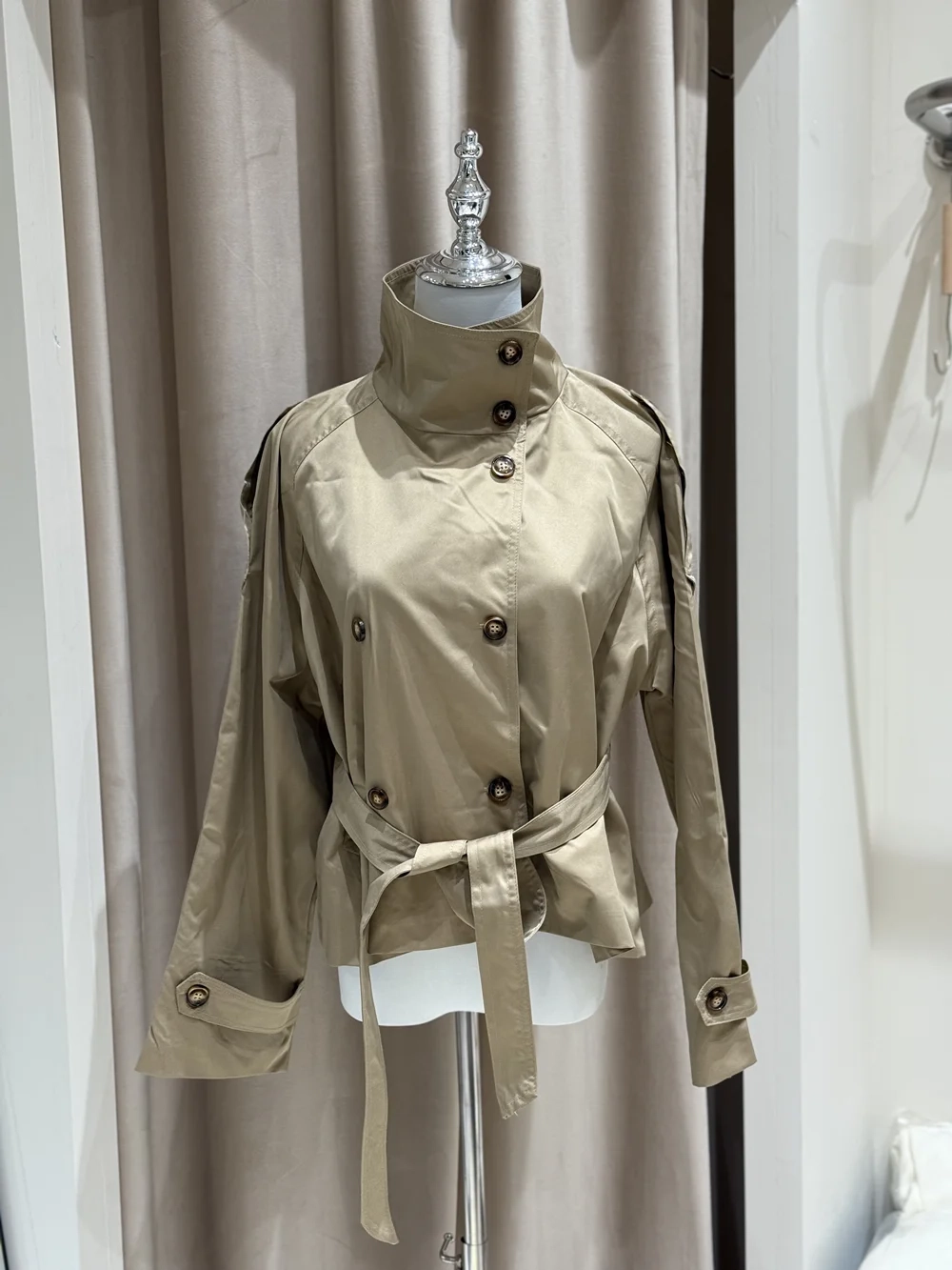 Belted Waist Cropped Trench Jackets Women Double Breasted Stand Collar Coats - Image 5