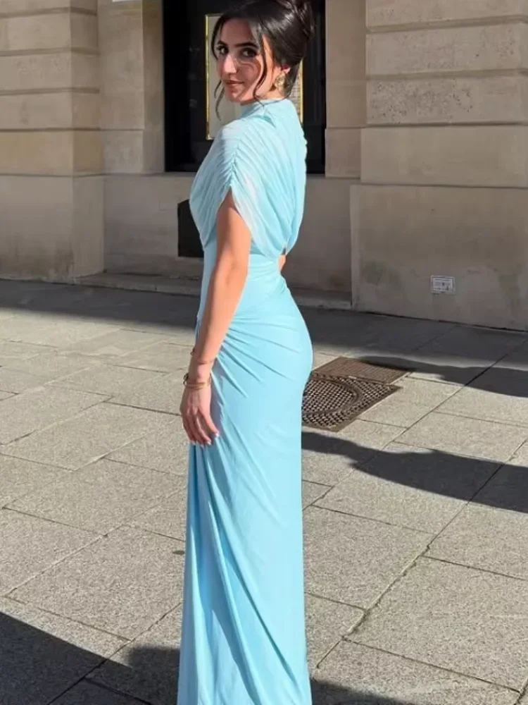 Women Blue Pleated Mesh Long Dress - Image 3