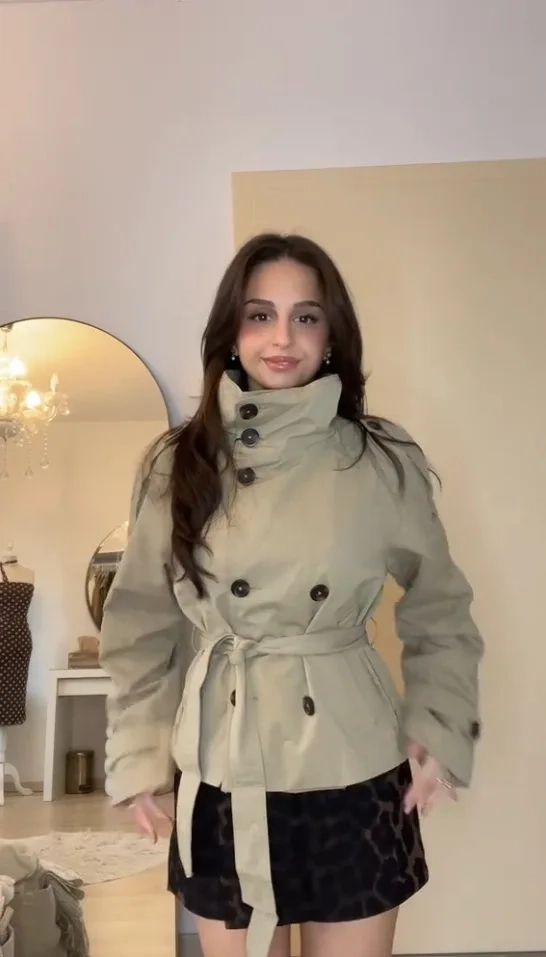 Belted Waist Cropped Trench Jackets Women Double Breasted Stand Collar Coats - Image 4