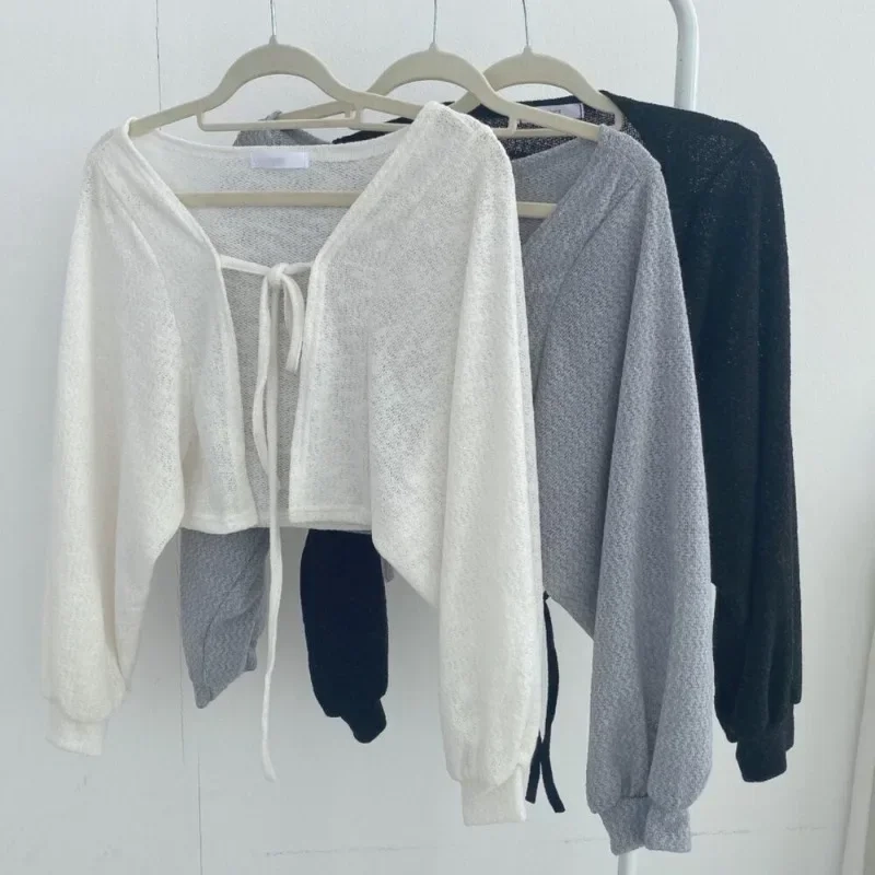 Thin White Cardigan Women Summer Sunscreen Lace-up Knitwear Tops - Image 5