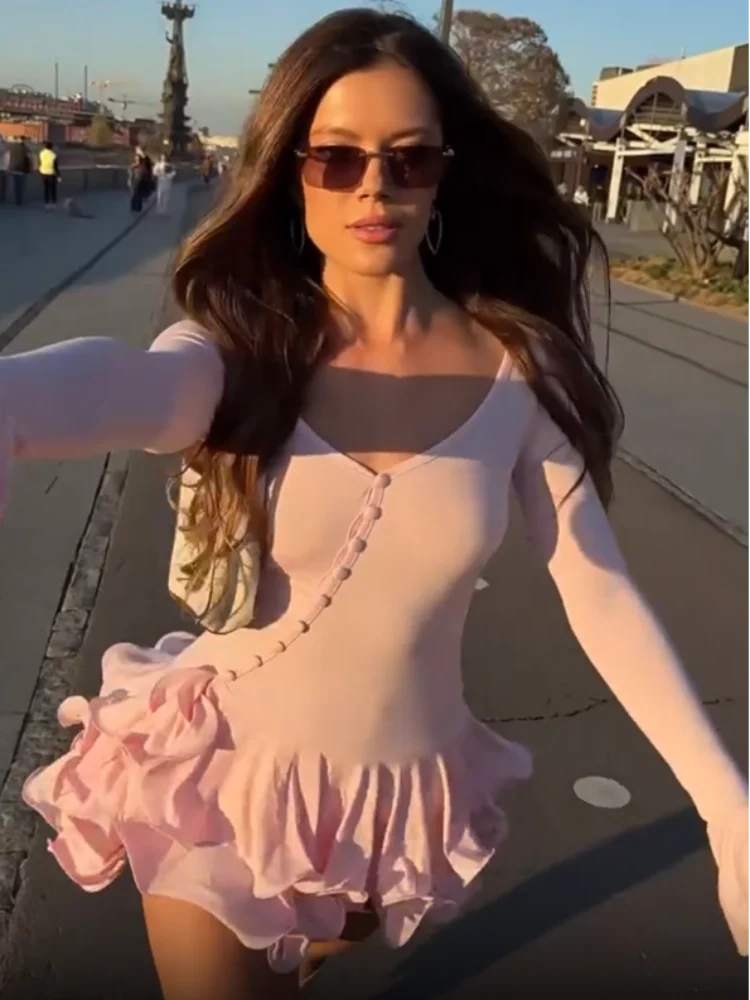 Elegant Solid Ruffles Hem Flare Sleeve Mini Dress - Image 4