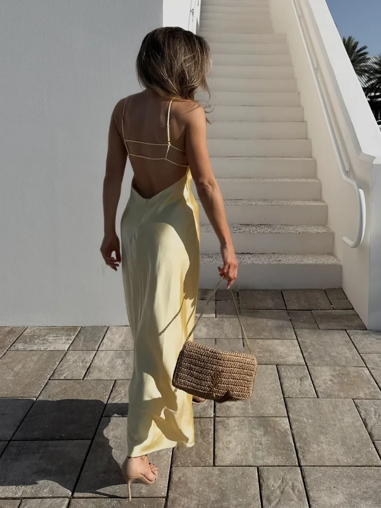 Yellow Elegant Satin Sling Maxi Dresses - Image 2