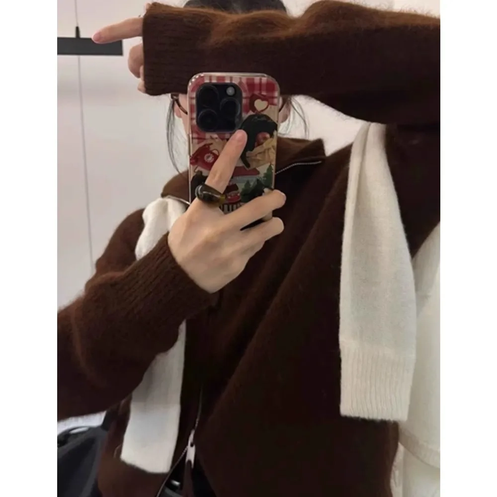 double zipper 100%wool cardigan women high neck loose cashmere sweater thickened coat - Image 3