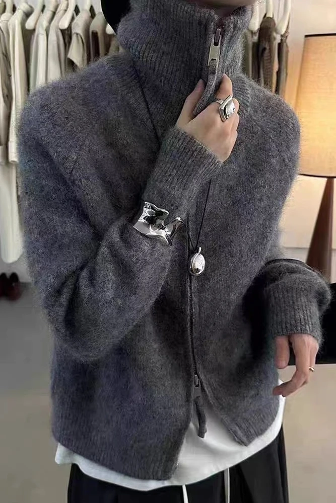 double zipper 100%wool cardigan women high neck loose cashmere sweater thickened coat - Image 7