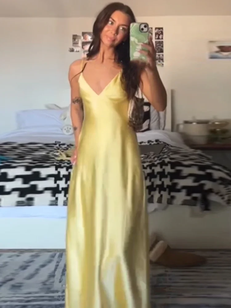 Yellow Elegant Satin Sling Maxi Dresses - Image 4