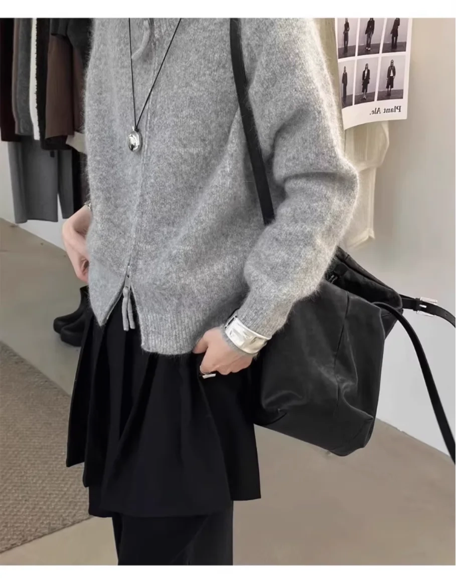 double zipper 100%wool cardigan women high neck loose cashmere sweater thickened coat - Image 6