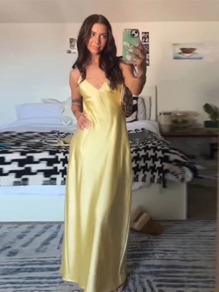 Yellow Elegant Satin Sling Maxi Dresses - Image 7
