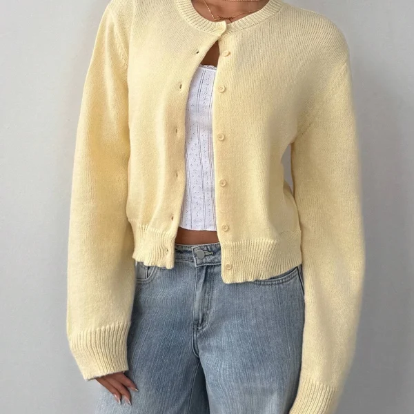 Solid Color Round Neck Long Sleeve Loose Cropped Top Single-breasted Sweater Cardigan
