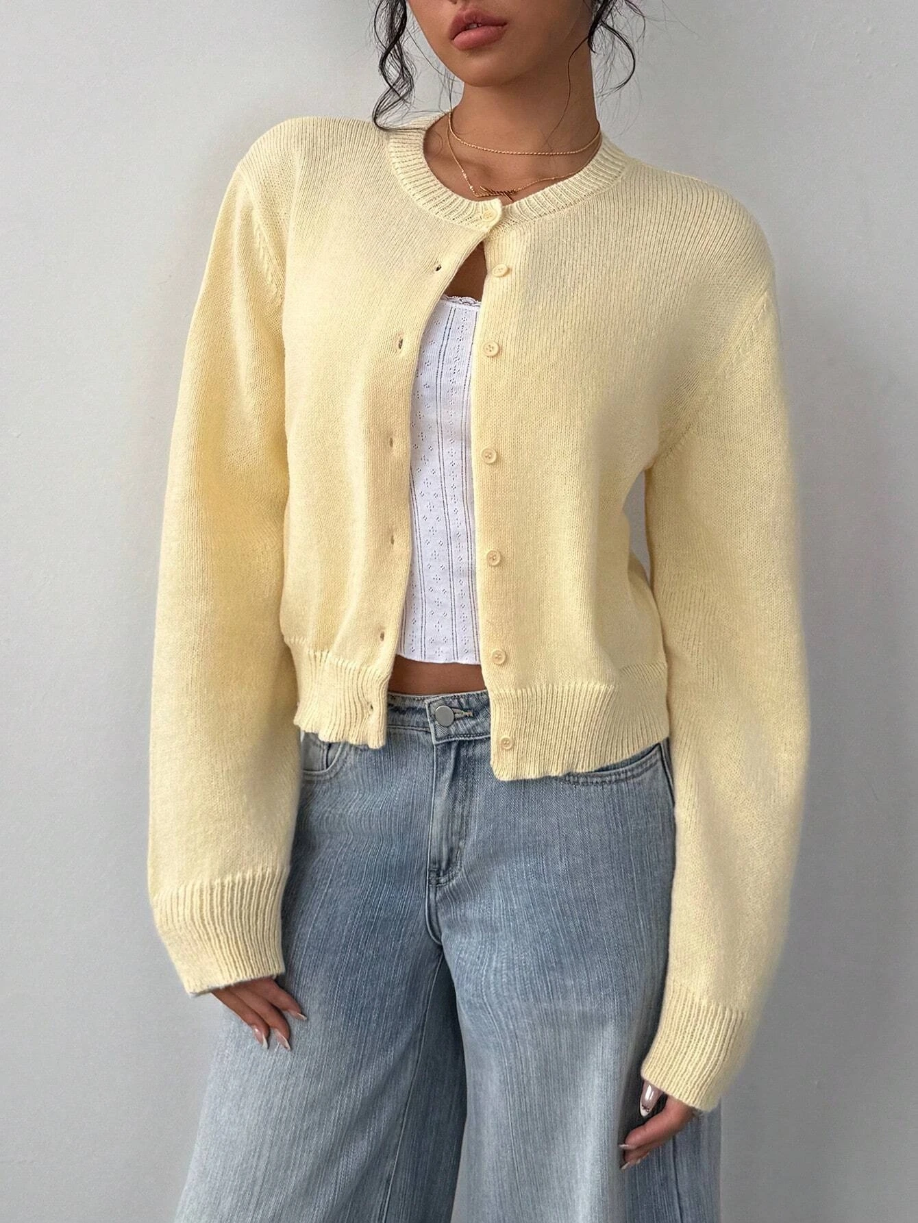 Solid Color Round Neck Long Sleeve Loose Cropped Top Single-breasted Sweater Cardigan