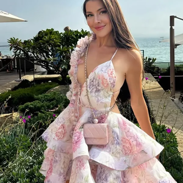 Women Elegant 3D Flower Print Sling Lace Up Ruffle A-line Mini Evening Dresses