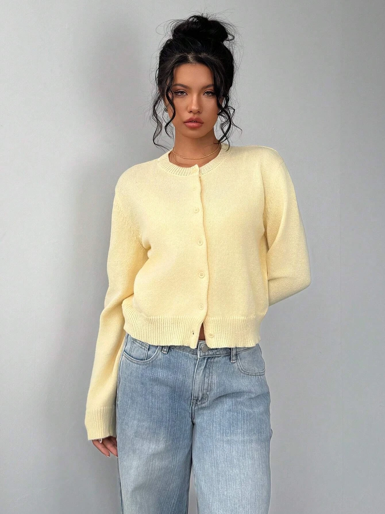 Solid Color Round Neck Long Sleeve Loose Cropped Top Single-breasted Sweater Cardigan - Image 3