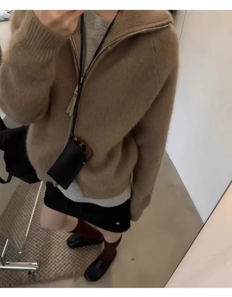 double zipper 100%wool cardigan women high neck loose cashmere sweater thickened coat - Image 8