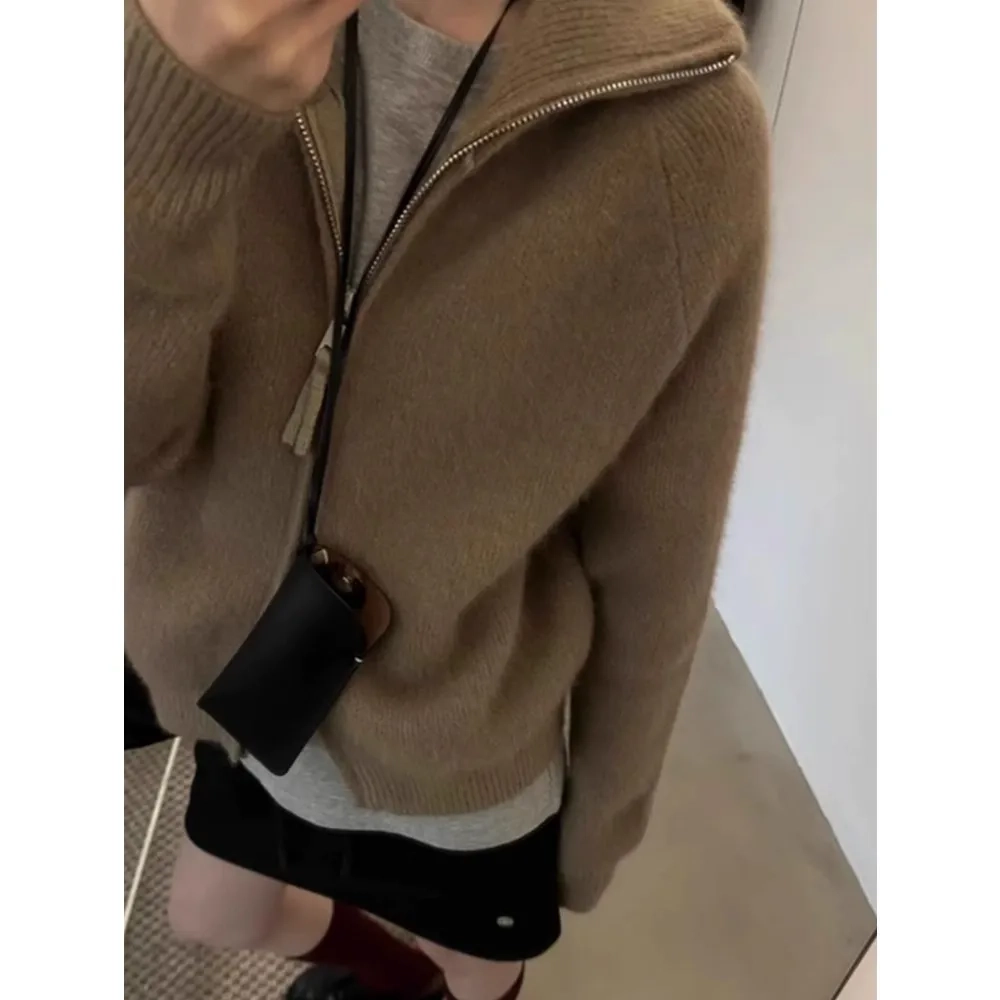 double zipper 100%wool cardigan women high neck loose cashmere sweater thickened coat - Image 4