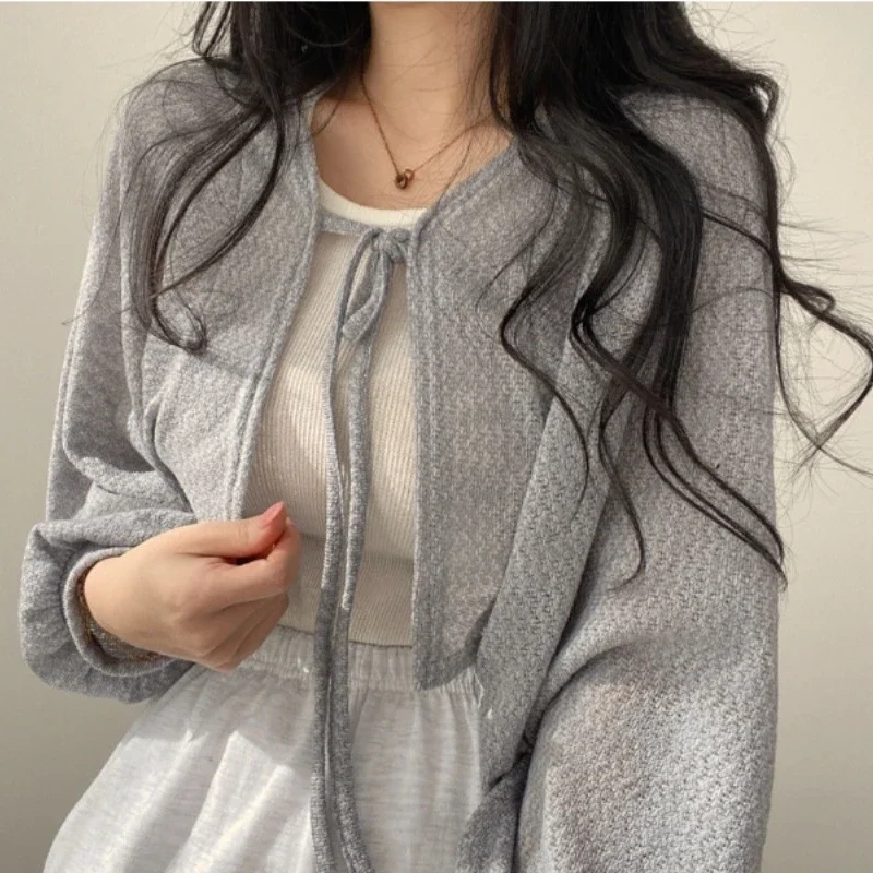 Thin White Cardigan Women Summer Sunscreen Lace-up Knitwear Tops - Image 2