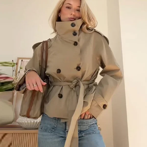 Belted Waist Cropped Trench Jackets Women Double Breasted Stand Collar Coats