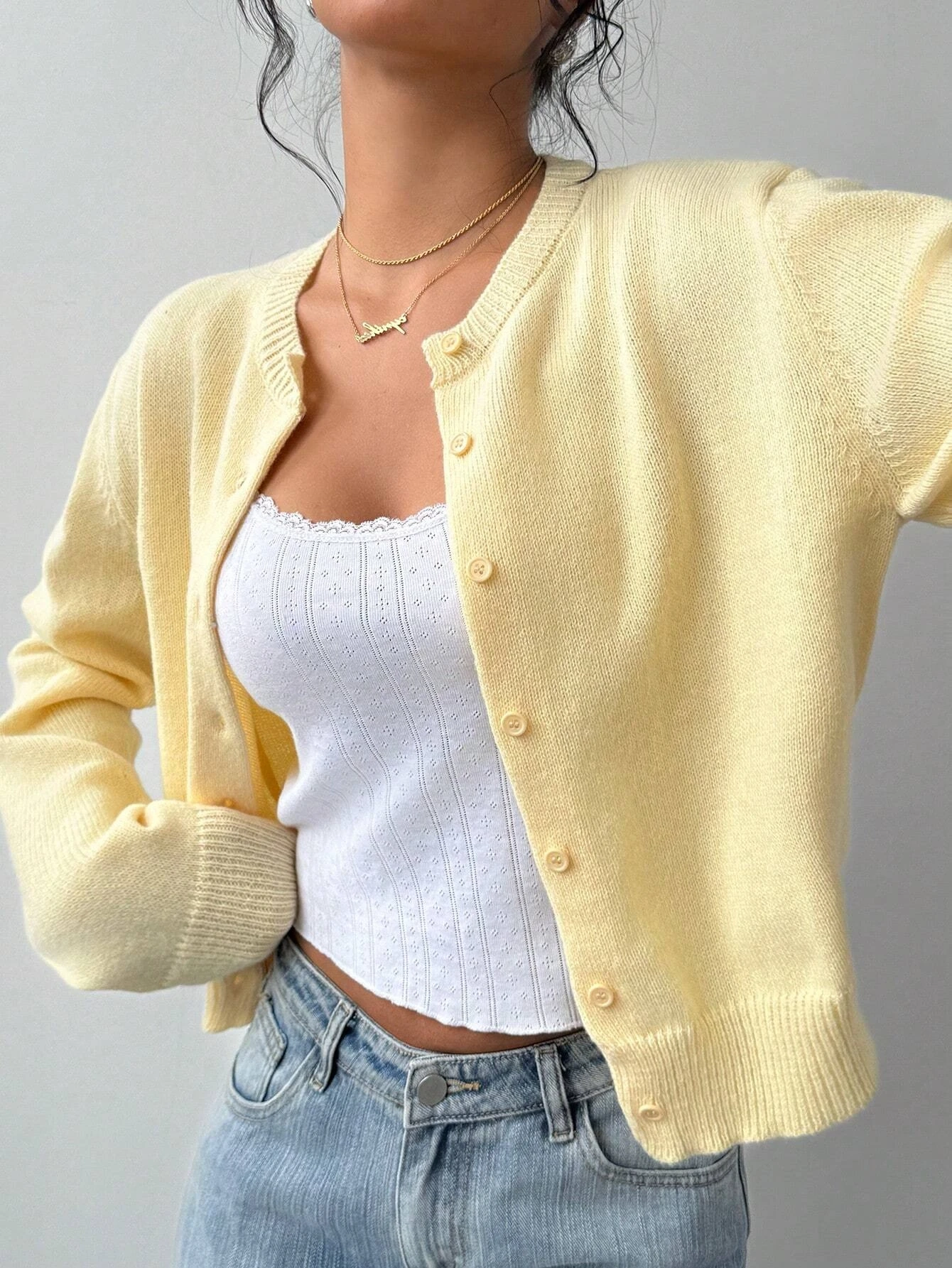 Solid Color Round Neck Long Sleeve Loose Cropped Top Single-breasted Sweater Cardigan - Image 6